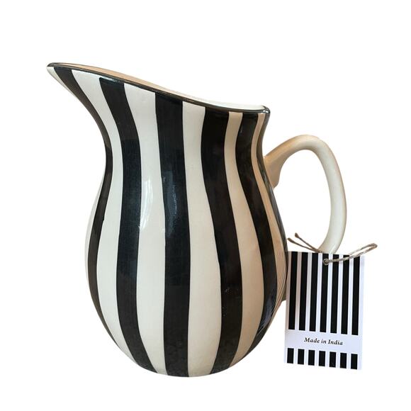 Hand Painted Striped Ceramic Pitcher 8in Made in India Black & Cream NEW - Picture 1 of 15